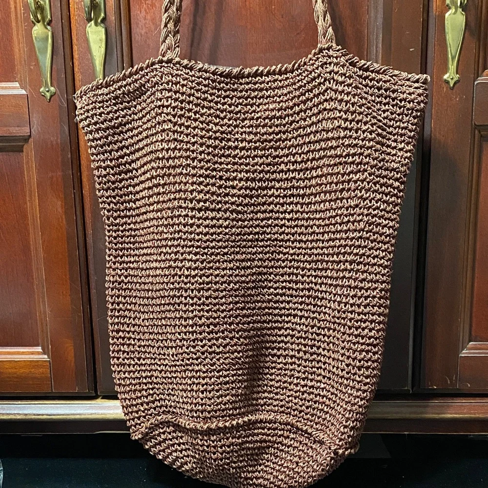 Jacqueline Ferrar vintage Brown paper straw Woven double handle Tote Bag